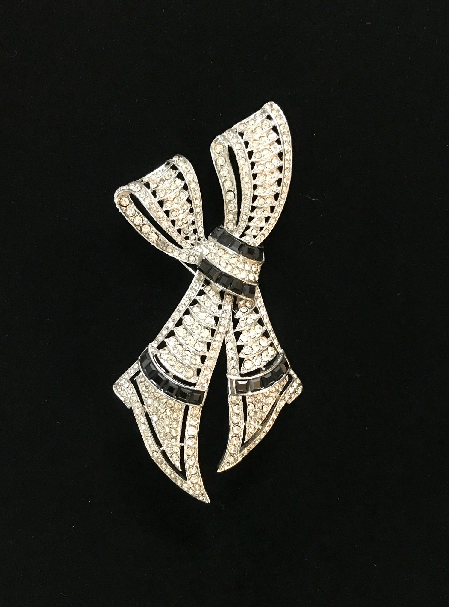 Very Large Deco Style Black and White Stone Bow Brooch