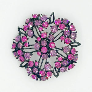 Vintage Blackened Lacy Metal Brooch with Sparkling Magenta Stones