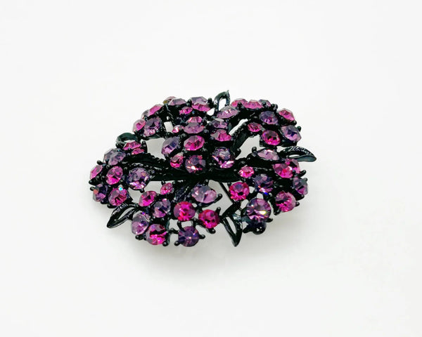 Vintage Blackened Lacy Metal Brooch with Sparkling Magenta Stones