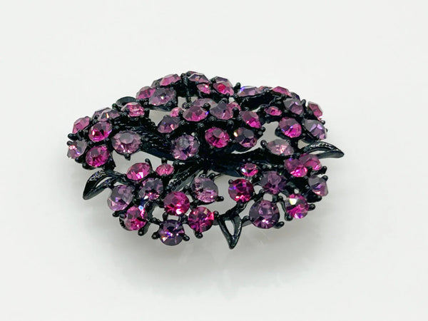 Vintage Blackened Lacy Metal Brooch with Sparkling Magenta Stones