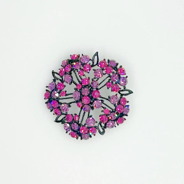 Vintage Blackened Lacy Metal Brooch with Sparkling Magenta Stones