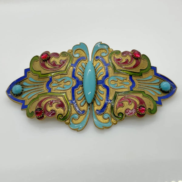 Massive Enameled Art Nouveau Large Brooch