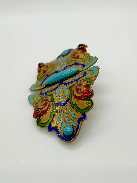 Massive Enameled Art Nouveau Large Brooch