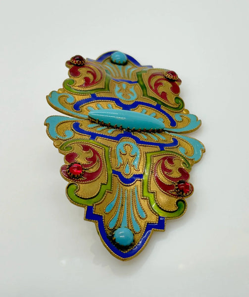 Massive Enameled Art Nouveau Large Brooch