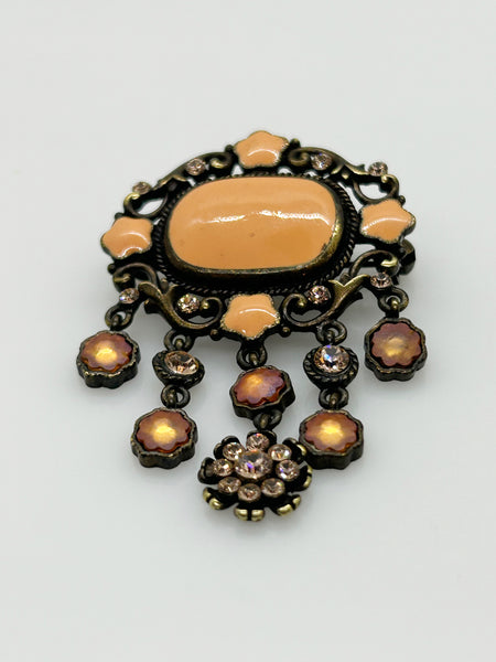 Melon Colored Enamel and Rhinestone Drop Brooch