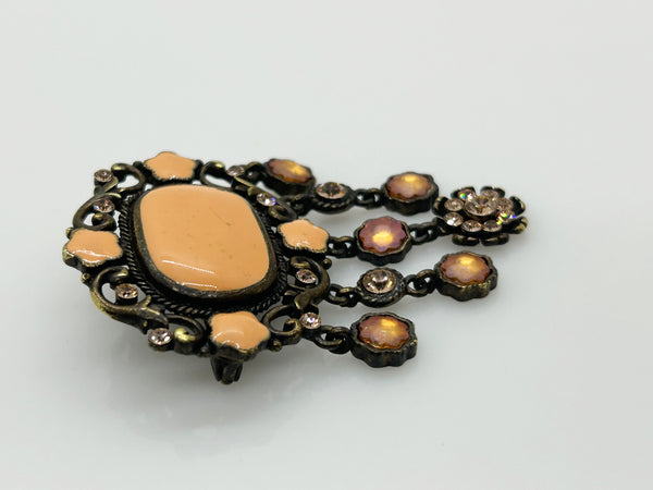 Melon Colored Enamel and Rhinestone Drop Brooch