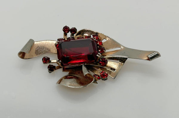 Mid Century Sterling Brooch with Vivid Red Stones - Lamoree’s Vintage