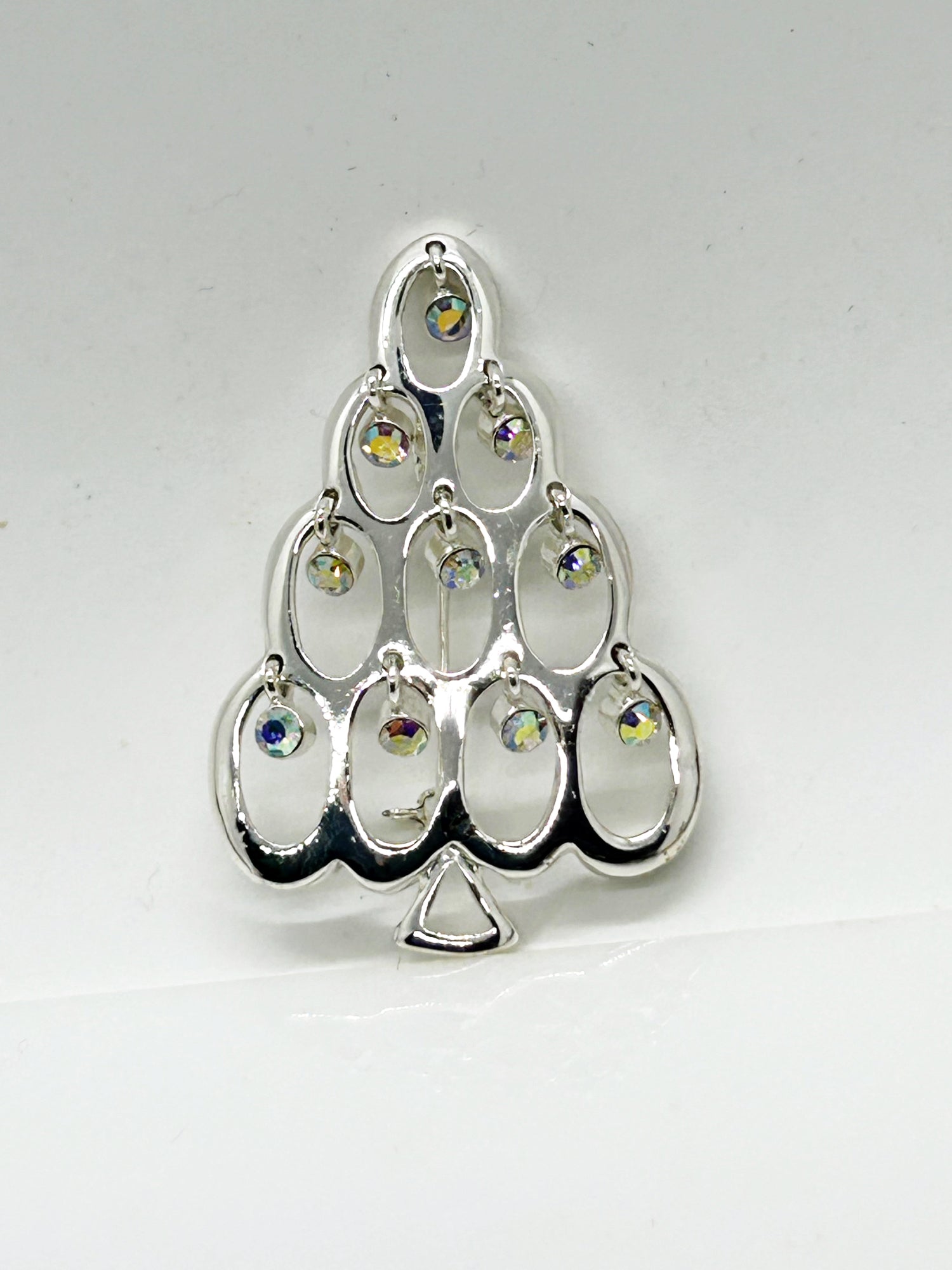 Sparkling Silvery Vintage Abstract Christmas Tree Brooch with Dangles