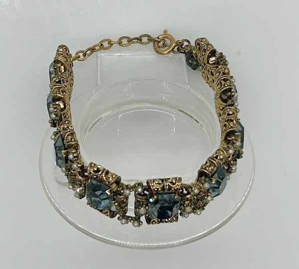 Luxurious Vintage Blue Rhinestone Bracelet with Amazing Metalwork