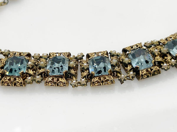 Luxurious Vintage Blue Rhinestone Bracelet with Amazing Metalwork