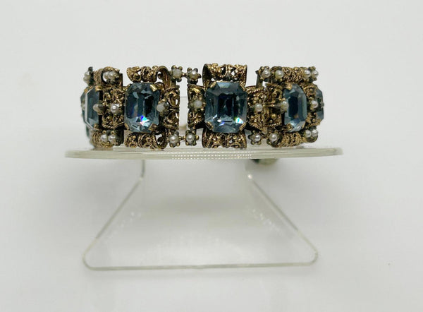 Luxurious Vintage Blue Rhinestone Bracelet with Amazing Metalwork