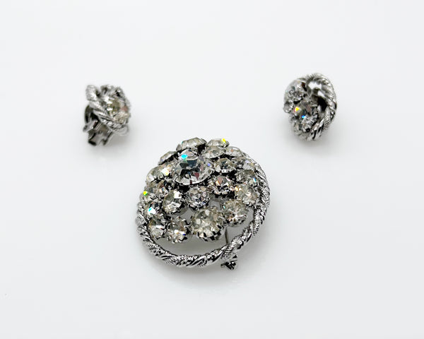 Domed Oval Rhinestone Vintage Brooch and Earrings Set