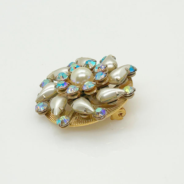 Vintage Unusual Faux Pearl and Iridescent Stone Brooch