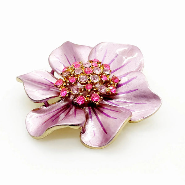 Vintage 1960's Enameled Pink Floral Rhinestone Brooch