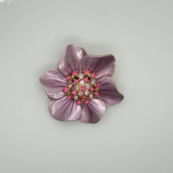 Vintage 1960's Enameled Pink Floral Rhinestone Brooch