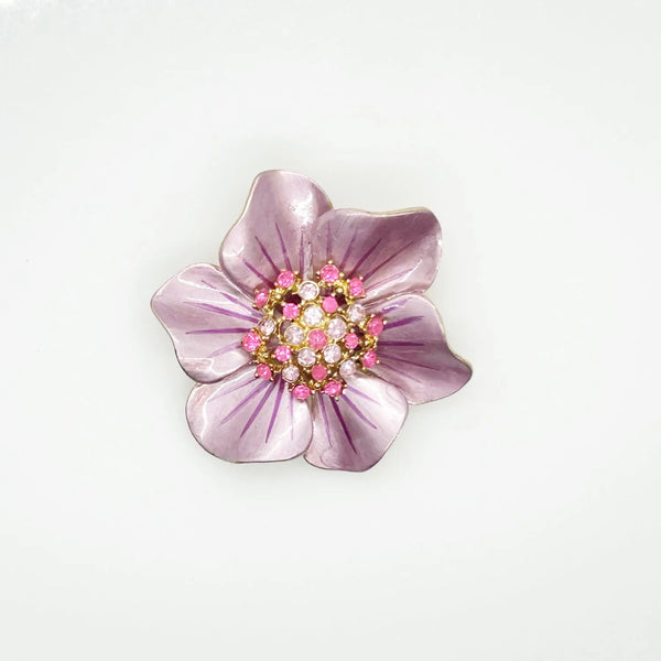 Vintage 1960's Enameled Pink Floral Rhinestone Brooch