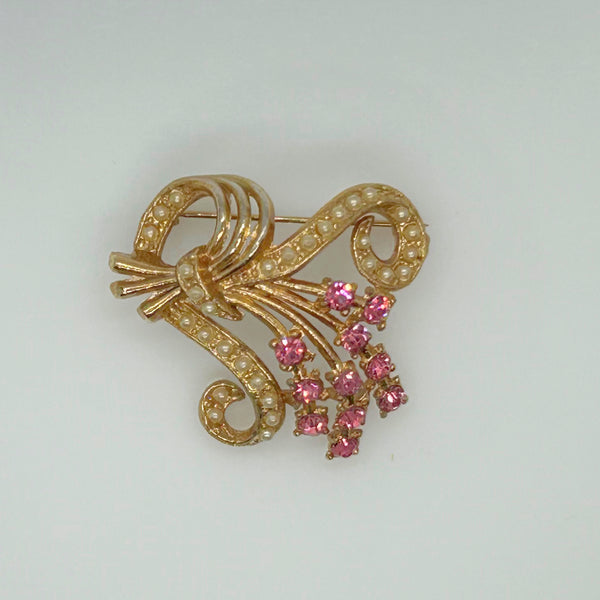 Vintage Pink Rhinestone and Faux Pearl Floral Brooch