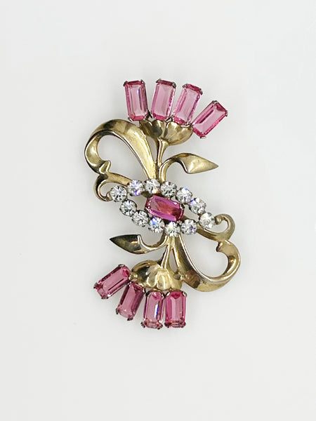 Vintage Sterling Pink Stones Sterling Floral Brooch