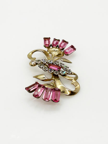 Vintage Sterling Pink Stones Sterling Floral Brooch