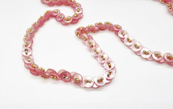 Vintage Hot Pink Button Necklace with Golden Bead Accents