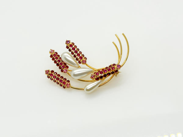 Vintage Wheat Sheaf Brooch with Pink Rhinestones