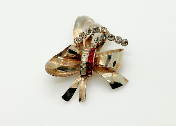 Vintage Bow Brooch with Pink and Clear Rhinestones