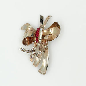 Vintage Bow Brooch with Pink and Clear Rhinestones