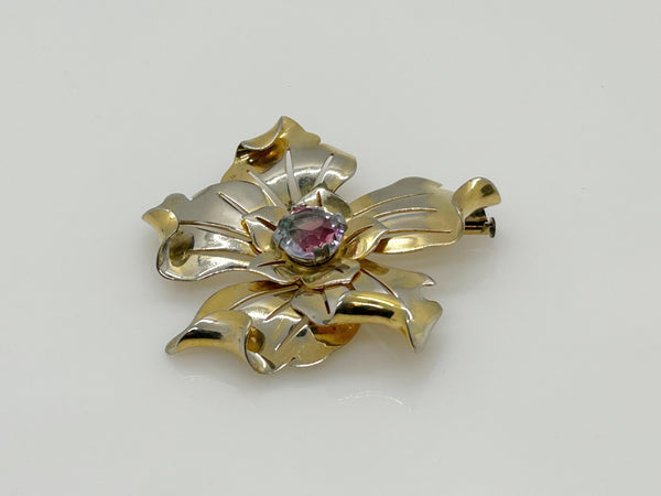 Vintage Unusual Flower Brooch with Multicolored Stone Center