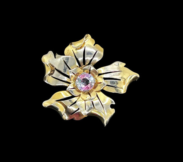 Vintage Unusual Flower Brooch with Multicolored Stone Center