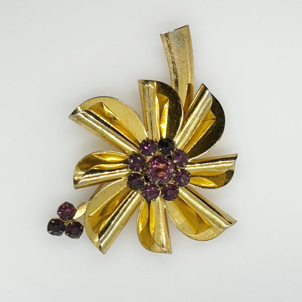 Vintage Flower Brooch of Sterling Silver with Purple Rhinestones