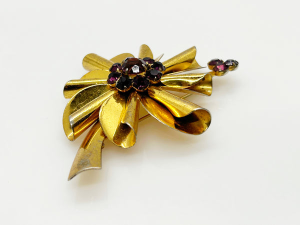 Vintage Flower Brooch of Sterling Silver with Purple Rhinestones