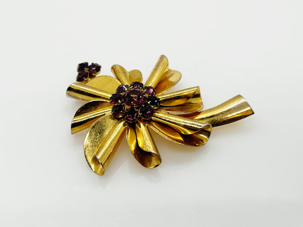 Vintage Flower Brooch of Sterling Silver with Purple Rhinestones