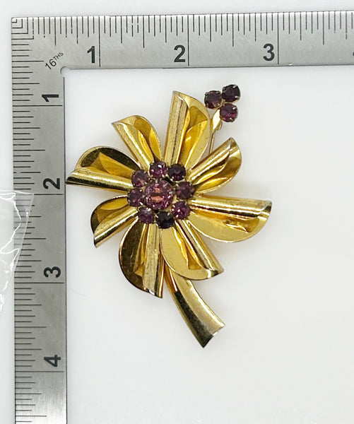 Vintage Flower Brooch of Sterling Silver with Purple Rhinestones