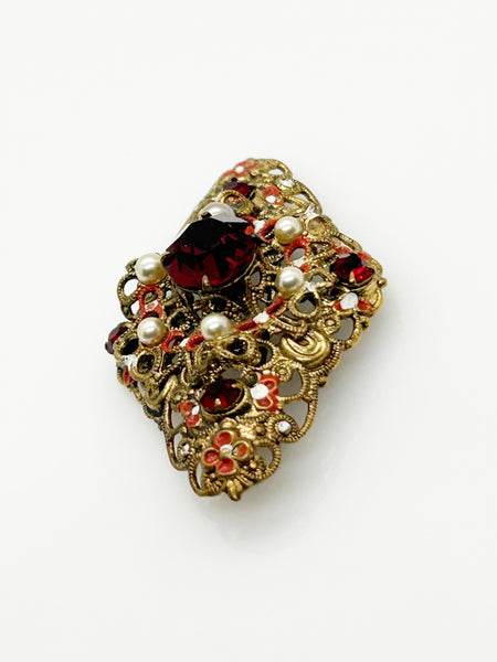 Exquisite Vintage Austrian Brooch with Filigree and Red Stones