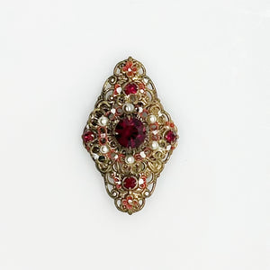 Exquisite Vintage Austrian Brooch with Filigree and Red Stones