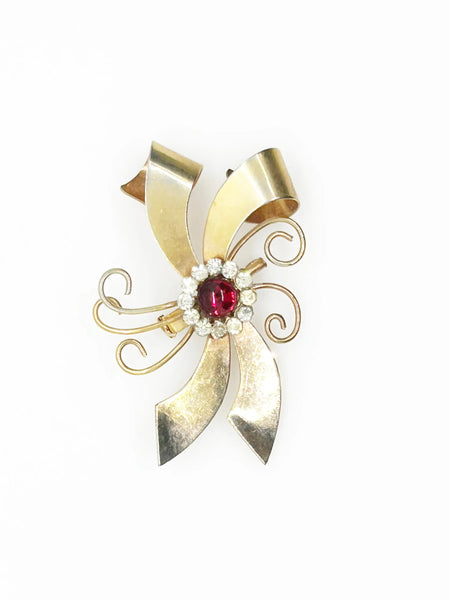 Vintage Bow Brooch  with Red Cabochon and Bright Rhinestones