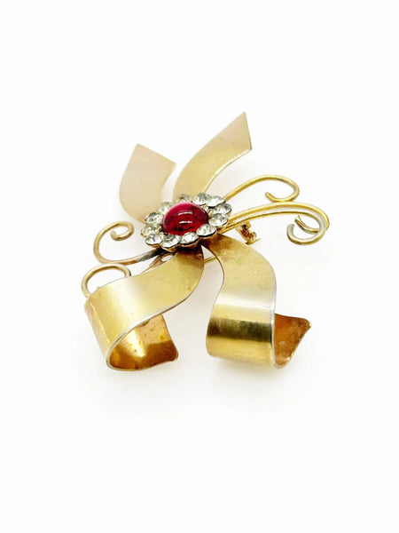 Vintage Bow Brooch  with Red Cabochon and Bright Rhinestones