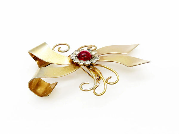 Vintage Bow Brooch  with Red Cabochon and Bright Rhinestones