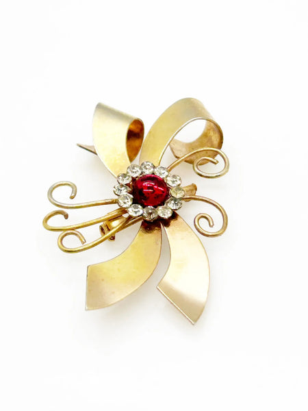 Vintage Bow Brooch  with Red Cabochon and Bright Rhinestones