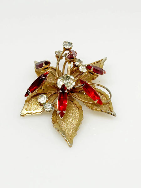 Vintage Gold tone Leaf Brooch with Red and White Stones