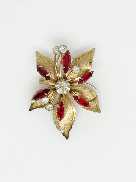 Vintage Gold tone Leaf Brooch with Red and White Stones