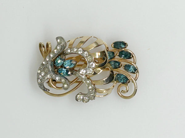 Charles Reis 12k Gold Filled Brooch Pin/Pendant with Clear and Blue Rhinestones