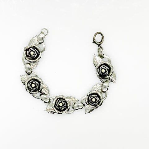 Vintage Silver Tone Rose Garland Bracelet