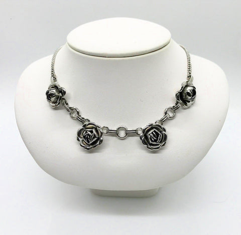 Vintage Pretty Silver Tone Rose Necklace