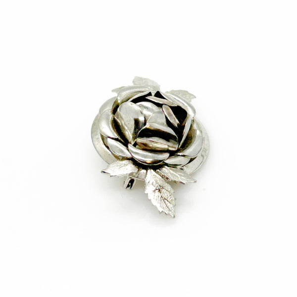 Vintage Silver Tone Rose with Leaves  Brooch 