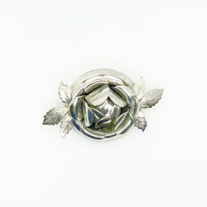 Vintage Silver Tone Rose with Leaves  Brooch 