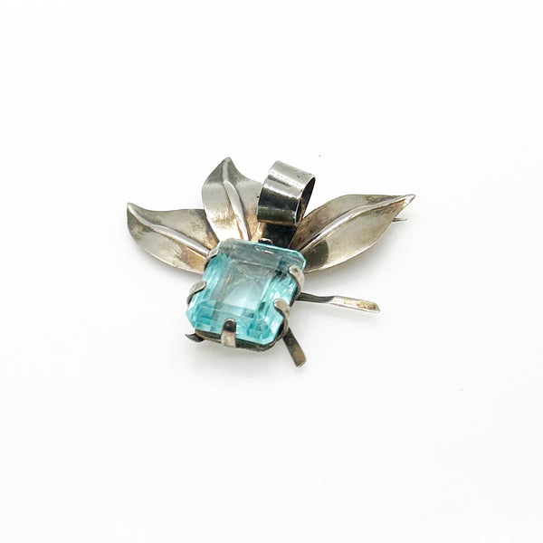 Dramatic Vintage Sterling Floral Brooch with Large Aqua Stone