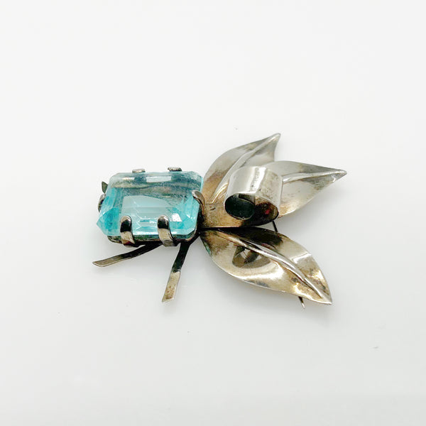 Dramatic Vintage Sterling Floral Brooch with Large Aqua Stone