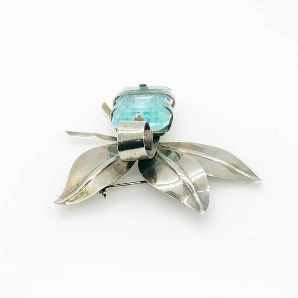 Dramatic Vintage Sterling Floral Brooch with Large Aqua Stone