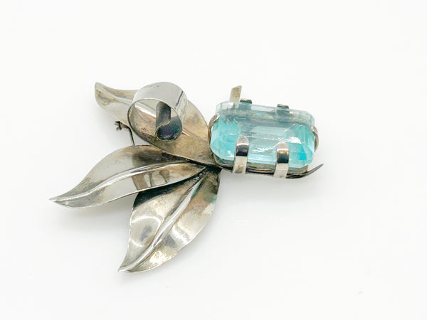 Dramatic Vintage Sterling Floral Brooch with Large Aqua Stone